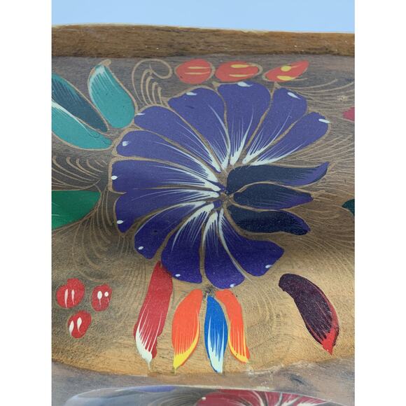 Vntg Mexican Folk Art Wooden Wood Divided Bowl/Tray 14” Long 8” Wide Flowers - Picture 2 of 12